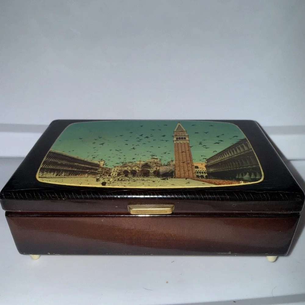 Vtg Reuge Swiss Piazza San Marco Lacquer Music Jewelry Box Wood Inlay Works